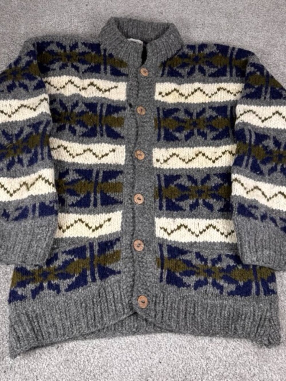 Earth Ragz 100% Wool Cardigan Sweater Vintage Heavyweight Chunky Grandpa Striped